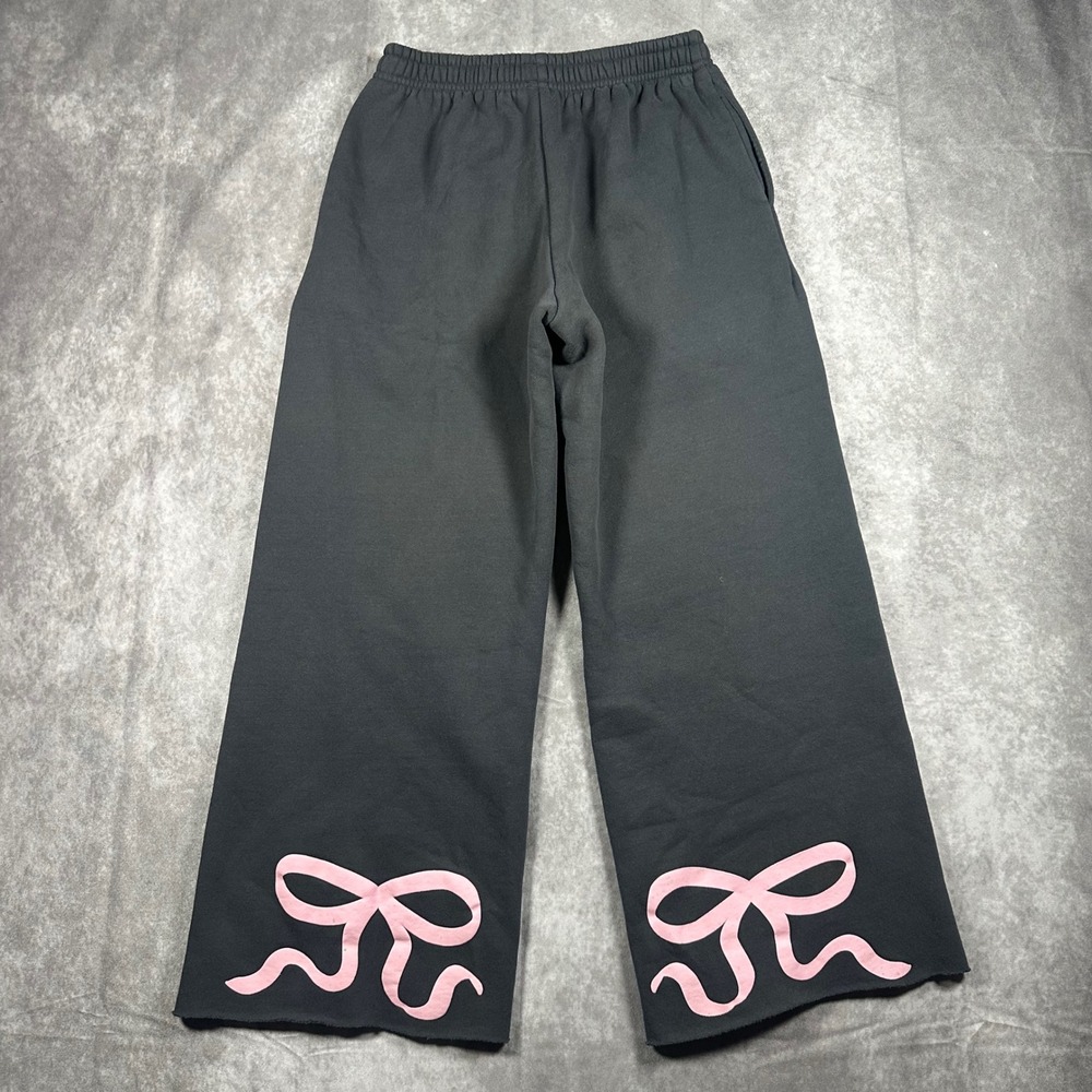 Edikted Charcoal Grey Pink Bow Wide Leg Sweatpants XS Raw Hem Coquette Y2K